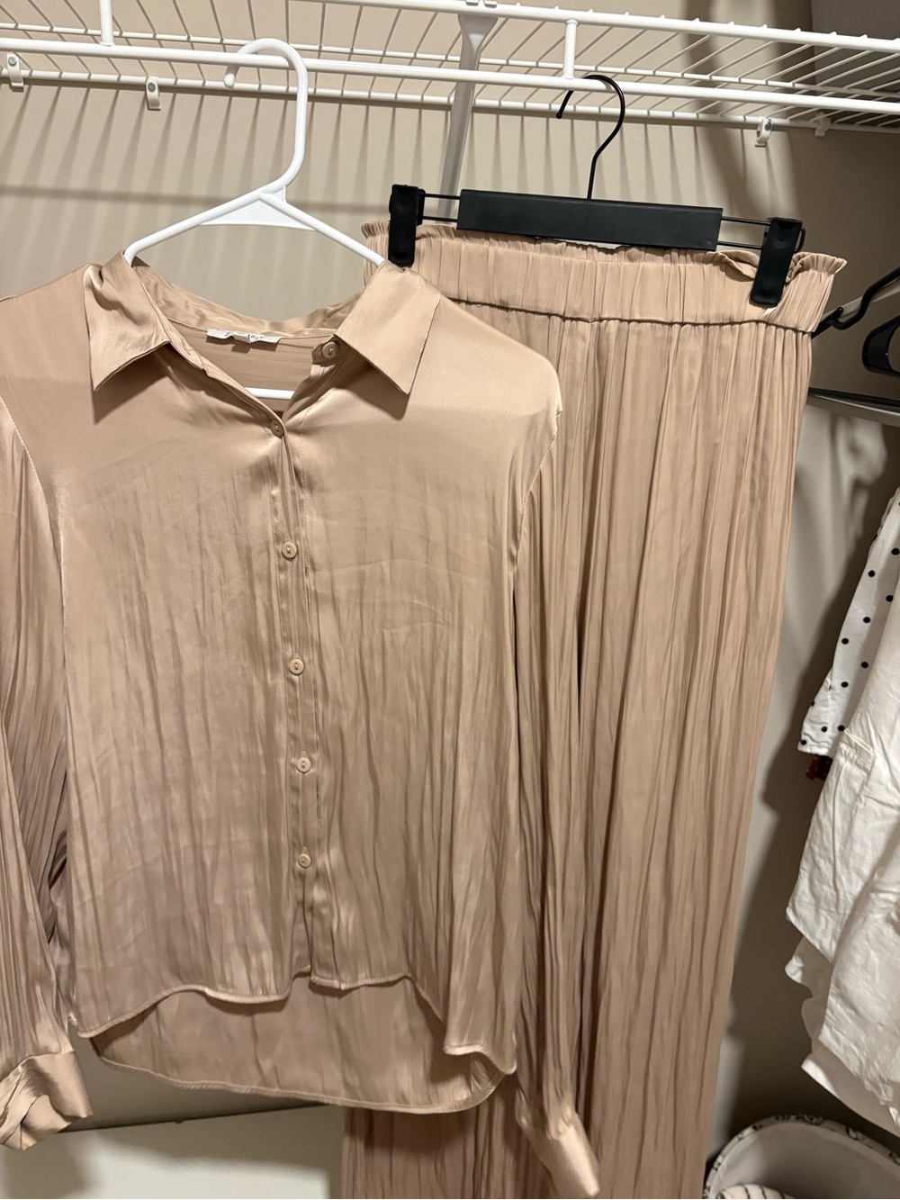 Beige Satin Pleated Pant & Button Up